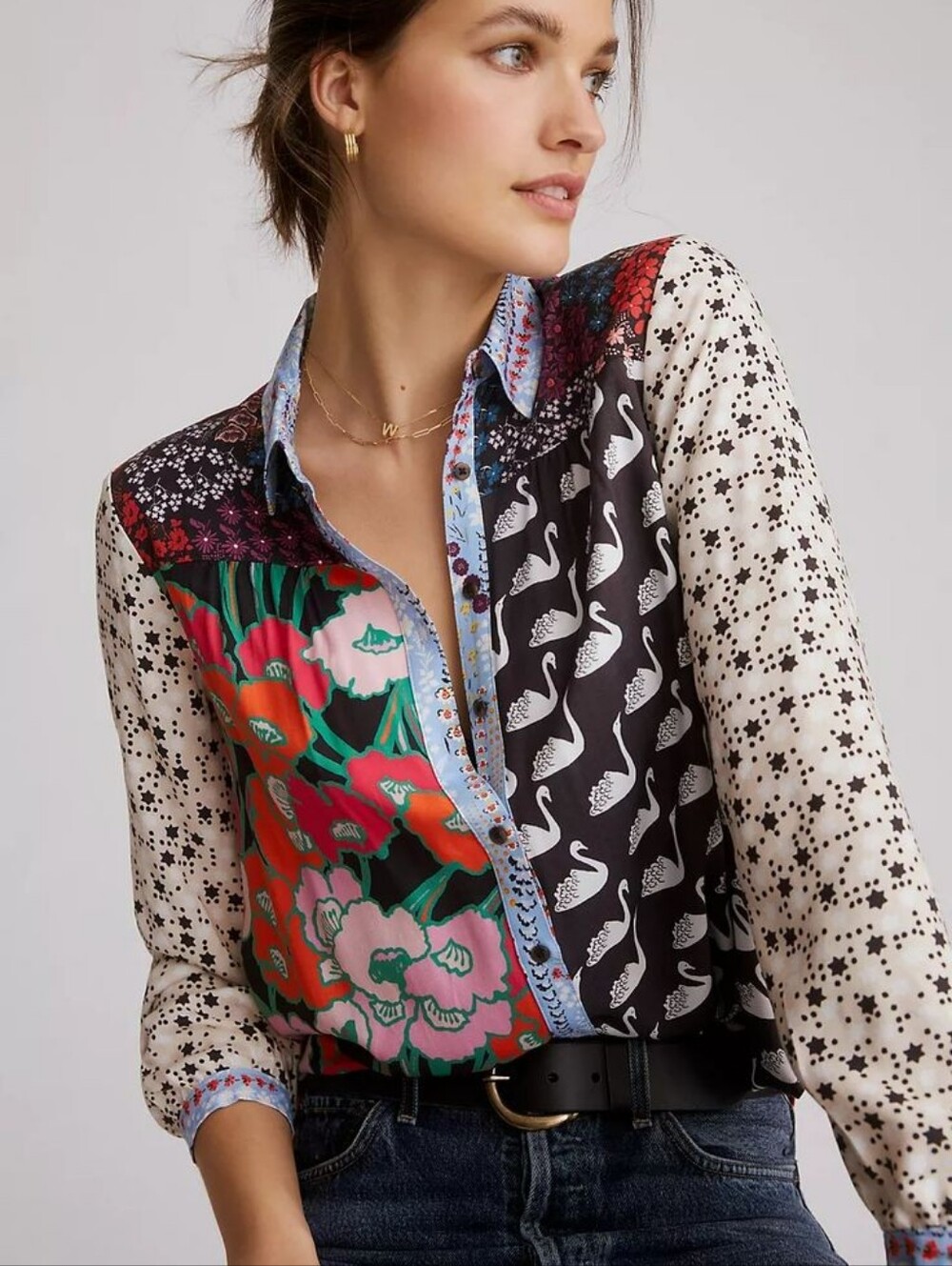 ANTHROPOLOGIE × MAEVE Colorful Paz Eclectic Patchwork Printed Button Down Blouse